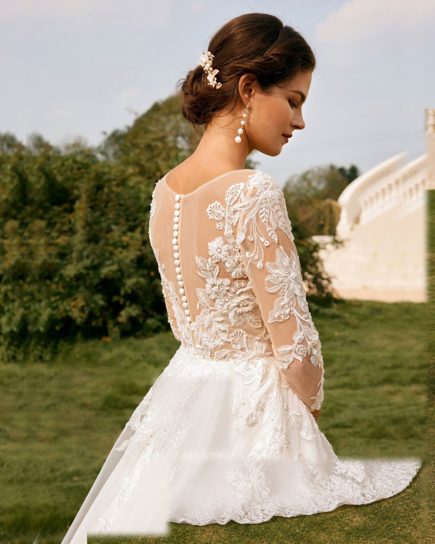 bateau neck lace sleeve tulle a-line wedding dress - image 8