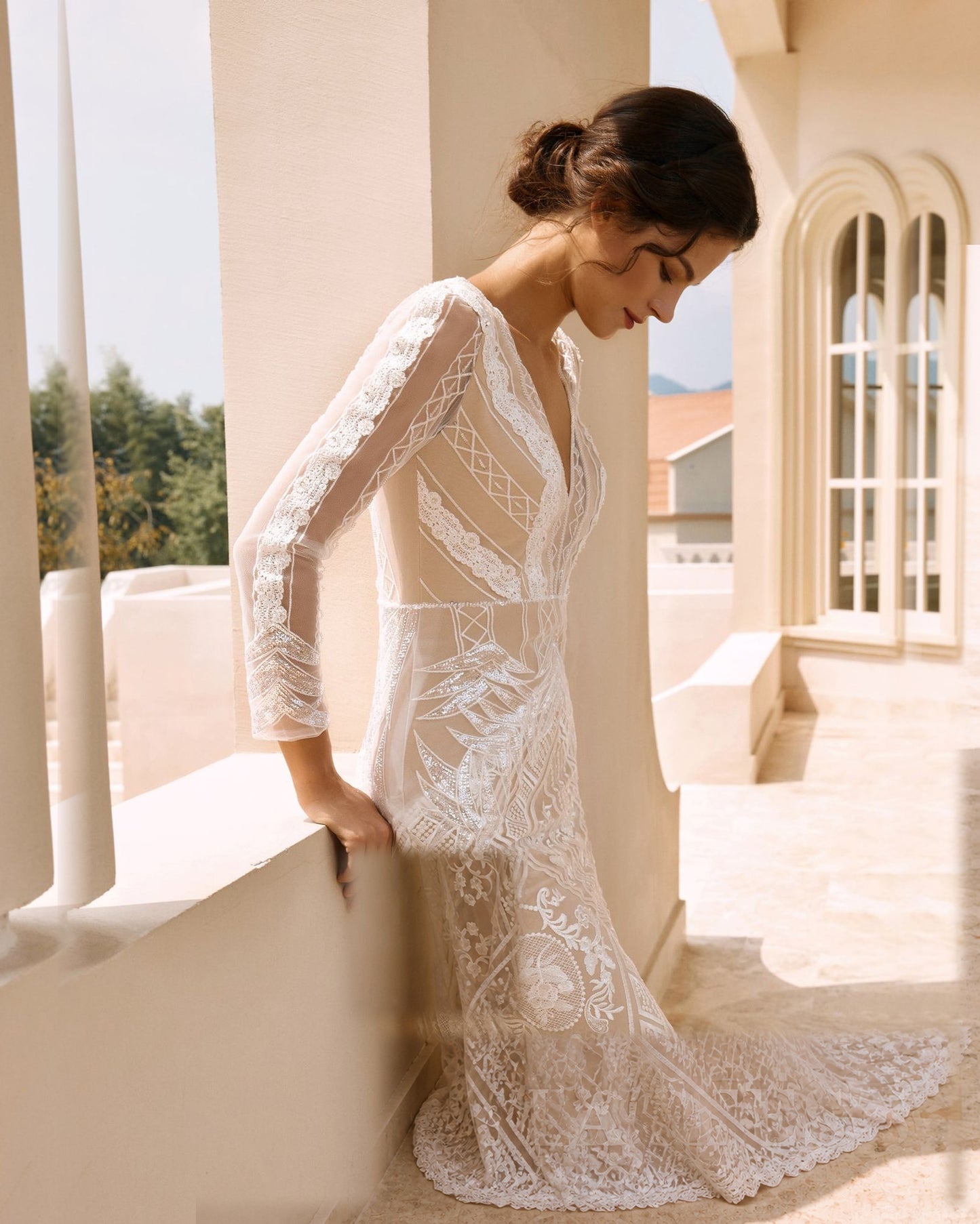 long sleeve geometric lace mermaid wedding dress - image 8