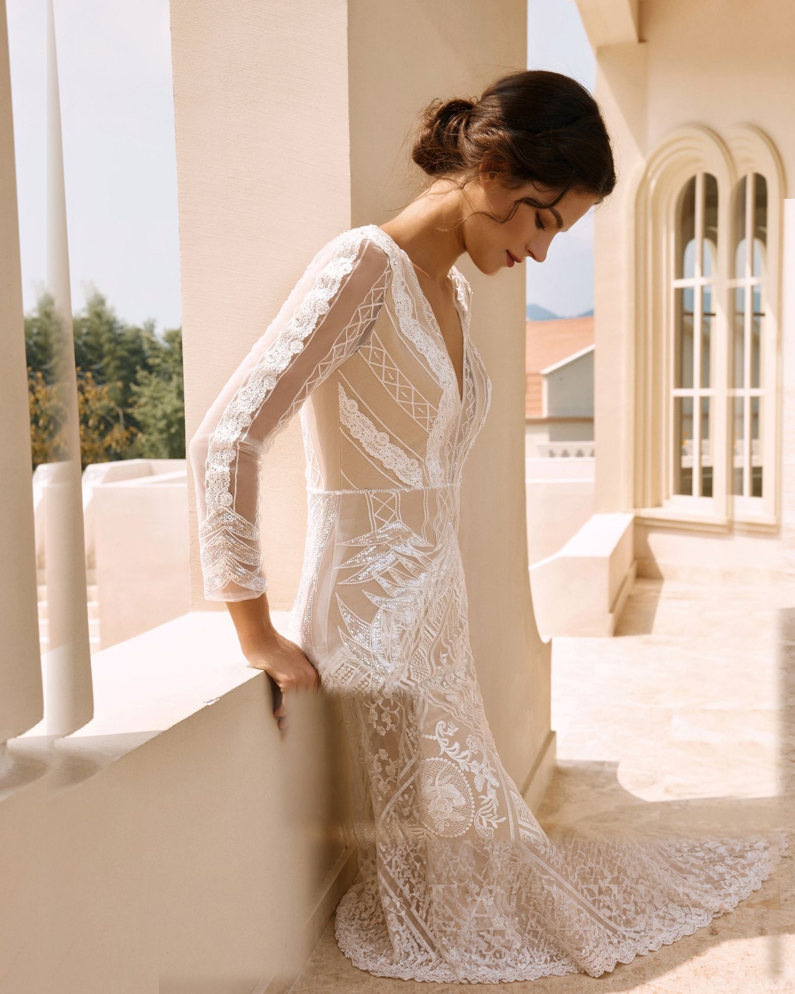 long sleeve geometric lace mermaid wedding dress - image 8
