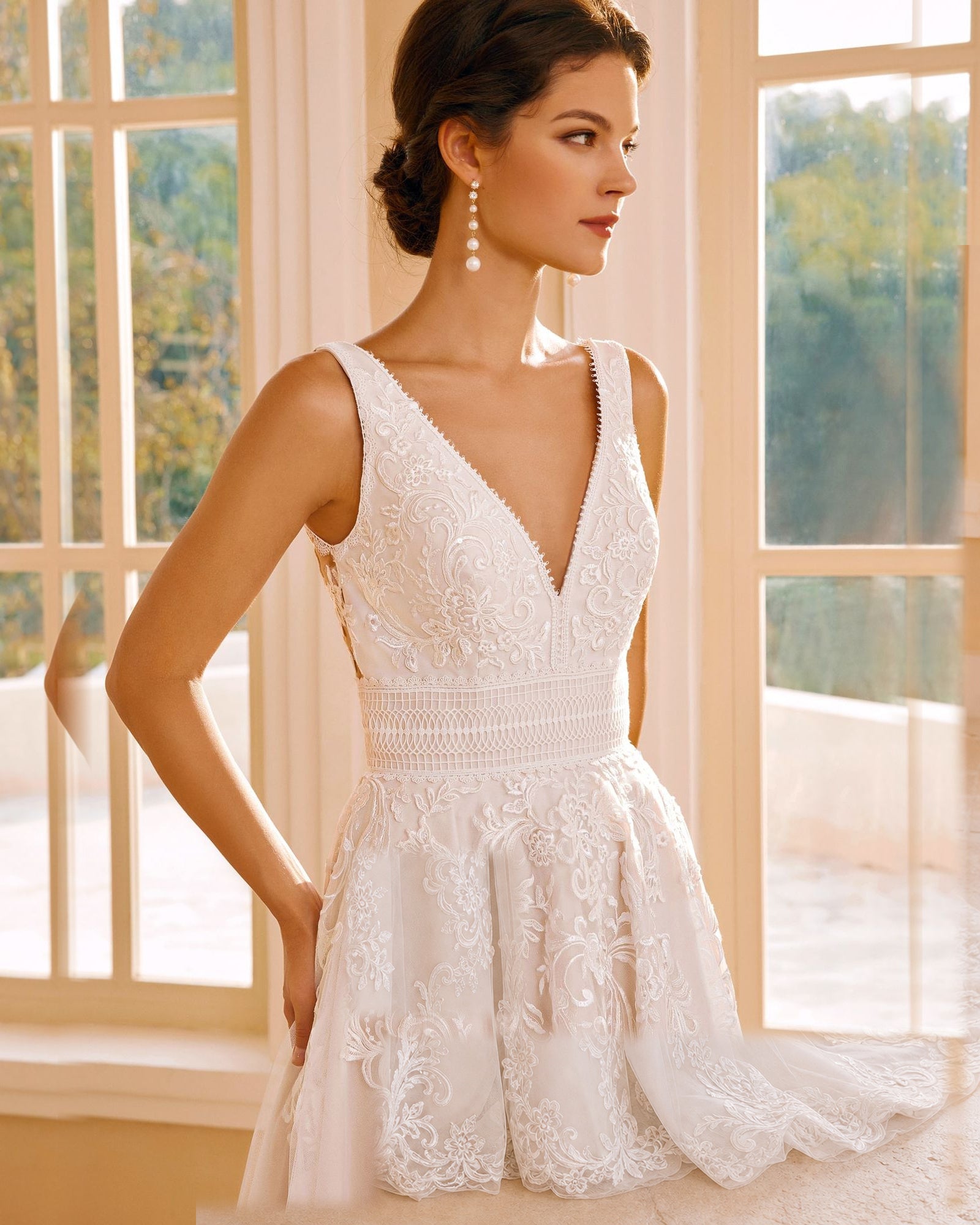 sleeveless v-neck lace tulle chapel train wedding dress - image 8