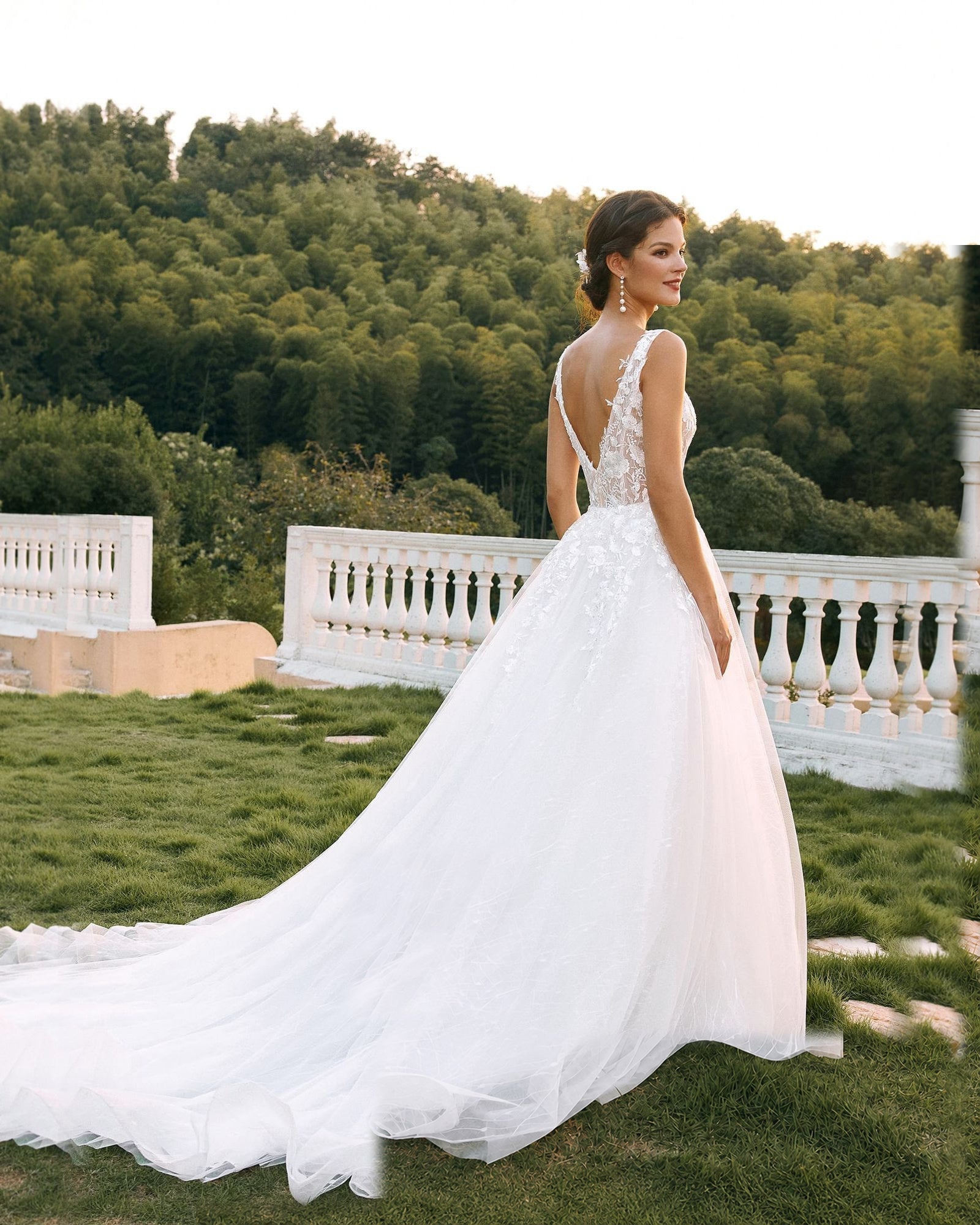 plunging v-neck lace tulle ball gown wedding dress - image 8