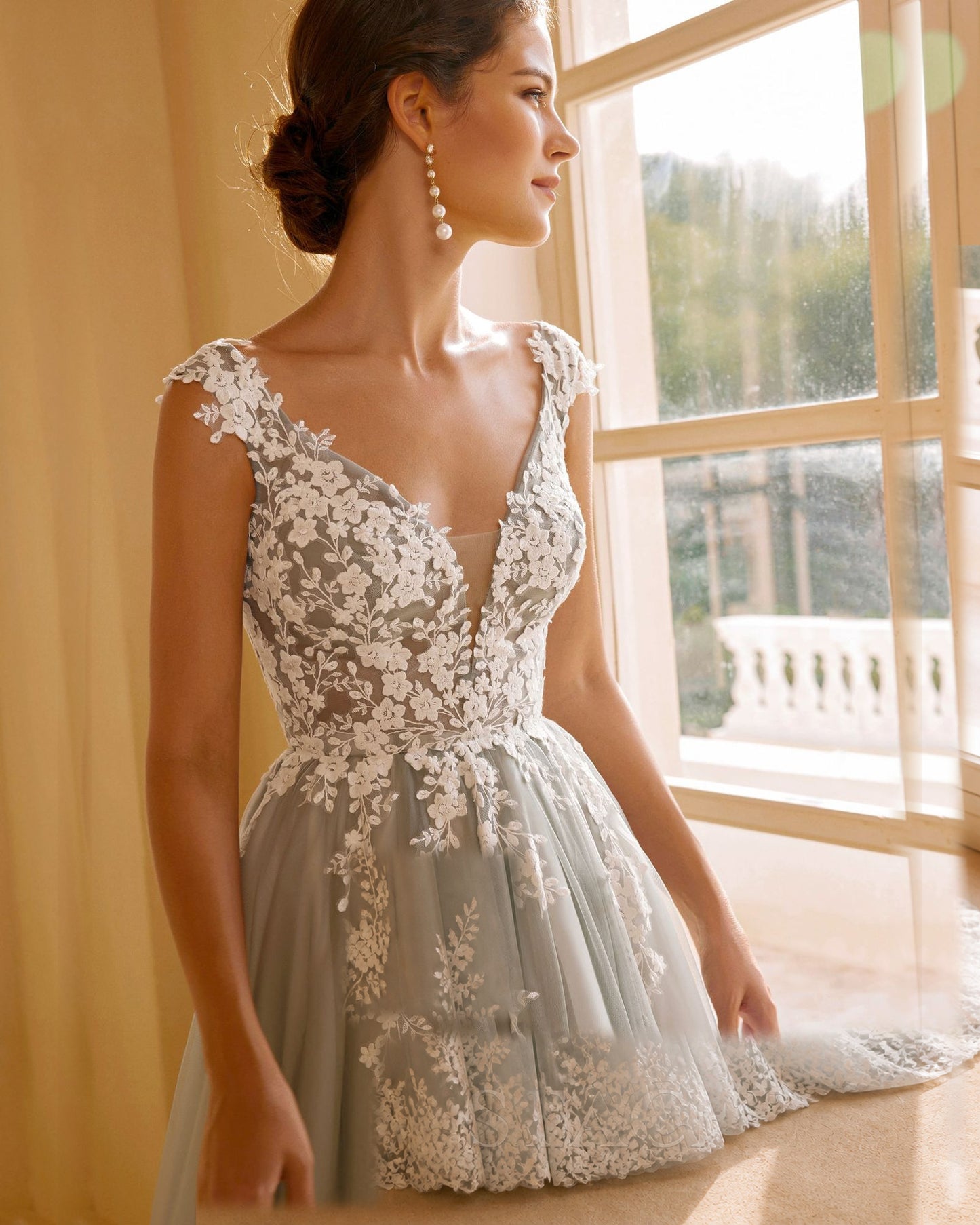 cap sleeve v-neck lace applique a-line wedding dress - image 8