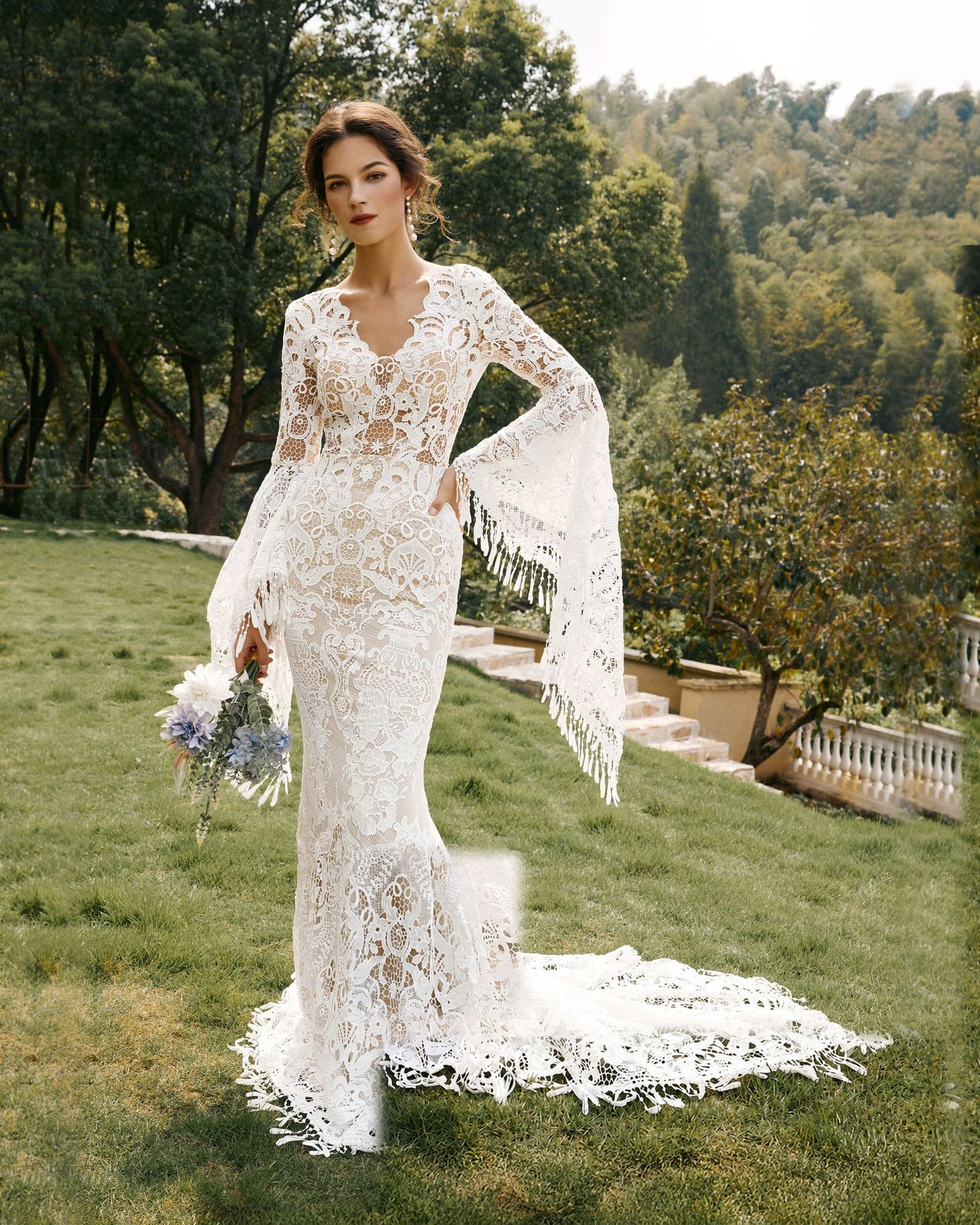 fringe bell sleeve lace mermaid wedding dress - image 8
