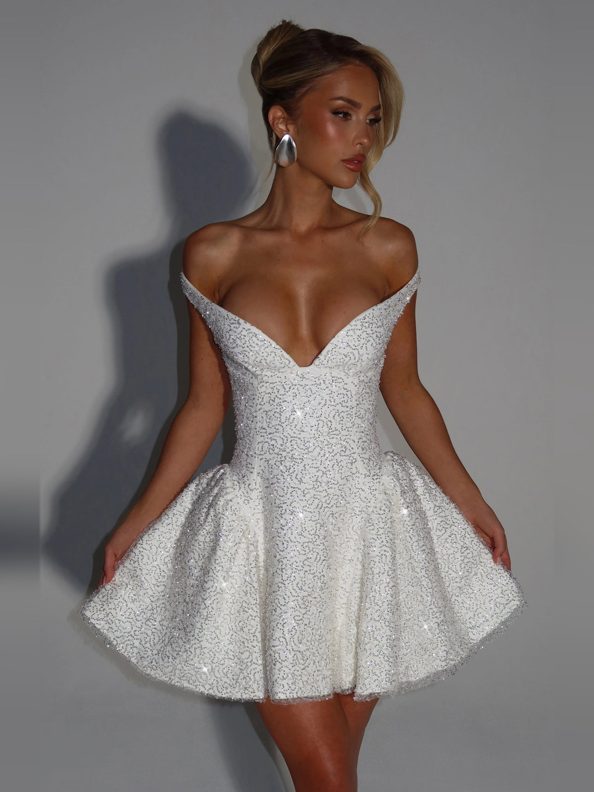 Ivory mini homecoming dress, alternate view showing the bodice and skirt