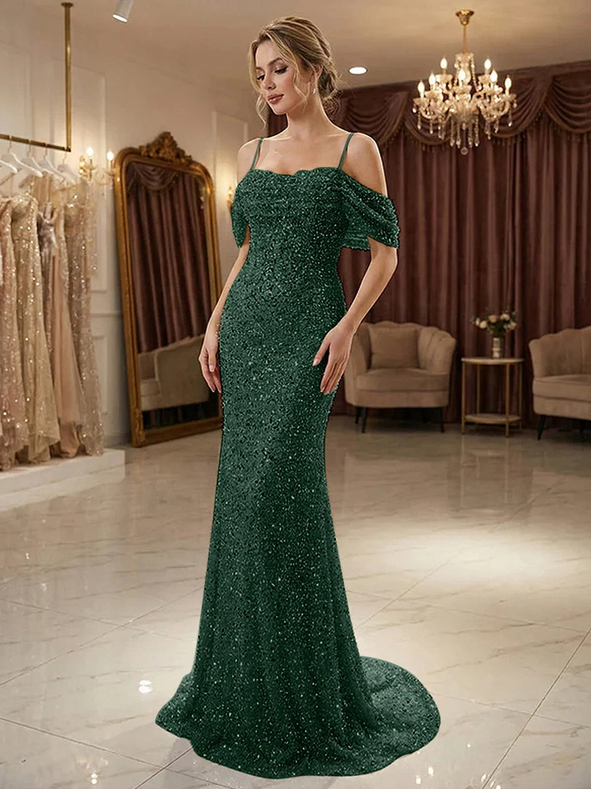 Emerald Green floor-length prom dress, alternate view showing the bodice and skirt