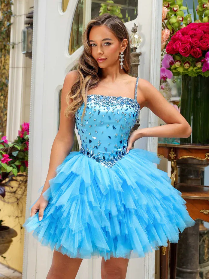 Blue mini homecoming dress, alternate view showing the bodice and skirt
