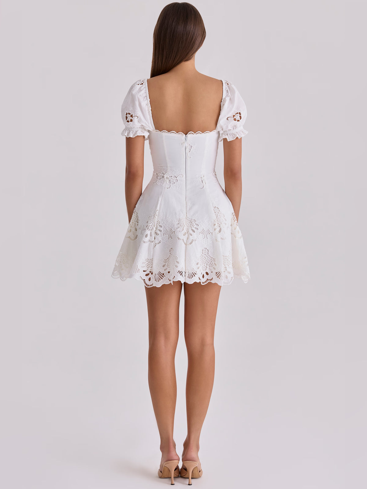 White mini homecoming dress, alternate view showing the bodice and skirt from another angle