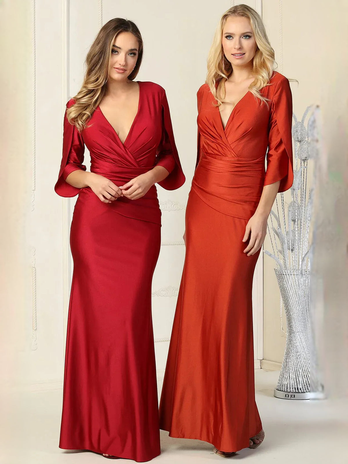 Red mermaid floor-length formal dress with ruching, alternate view
