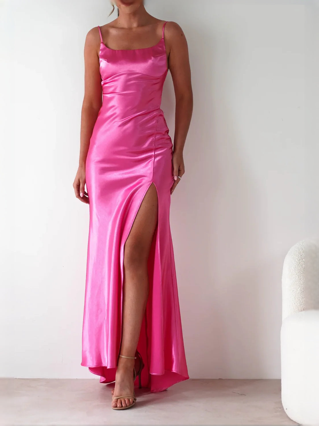 Hot Pink maxi prom dress, alternate view showing the bodice and skirt