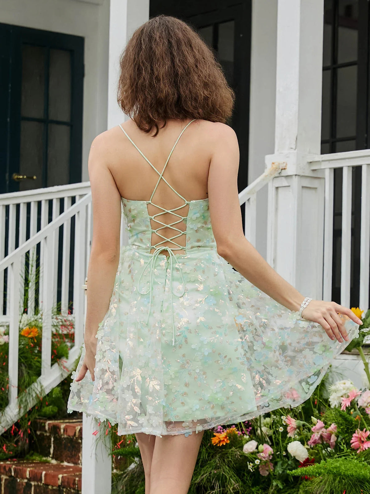 Light Blue mini homecoming dress, alternate view showing the bodice and skirt