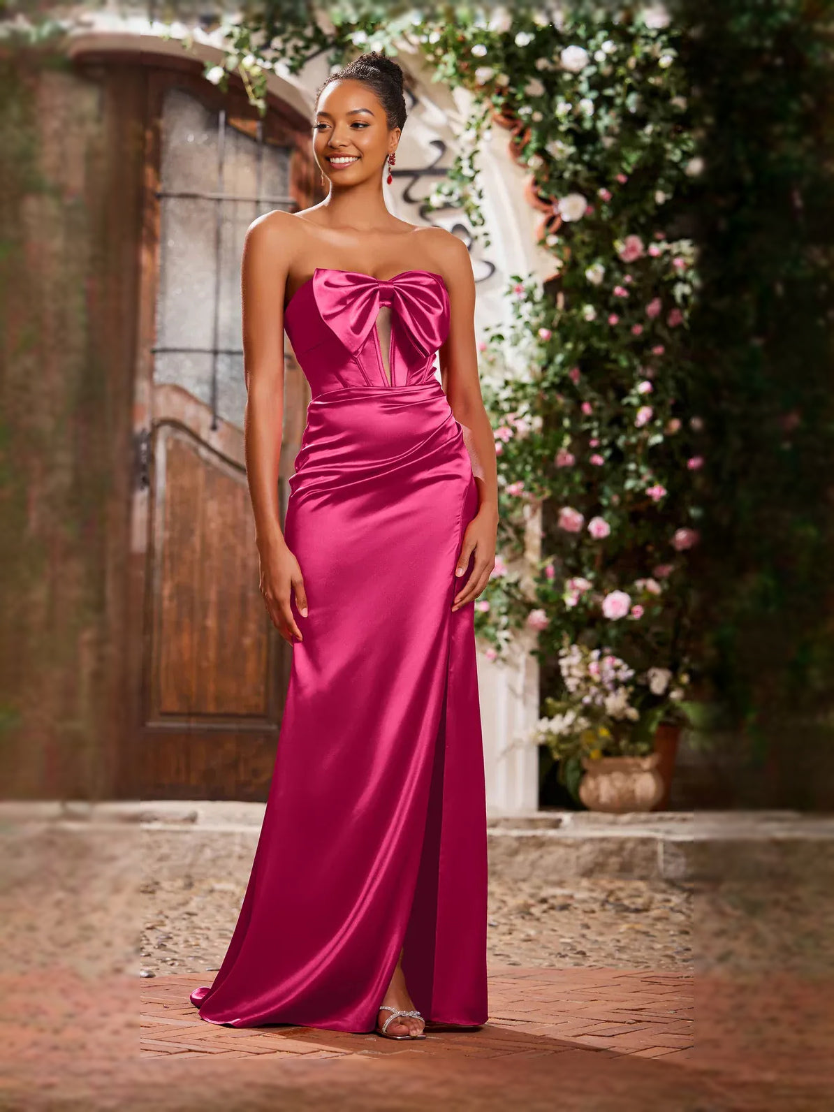 Fuchsia floor-length prom dress, front view showing the mermaid silhouette