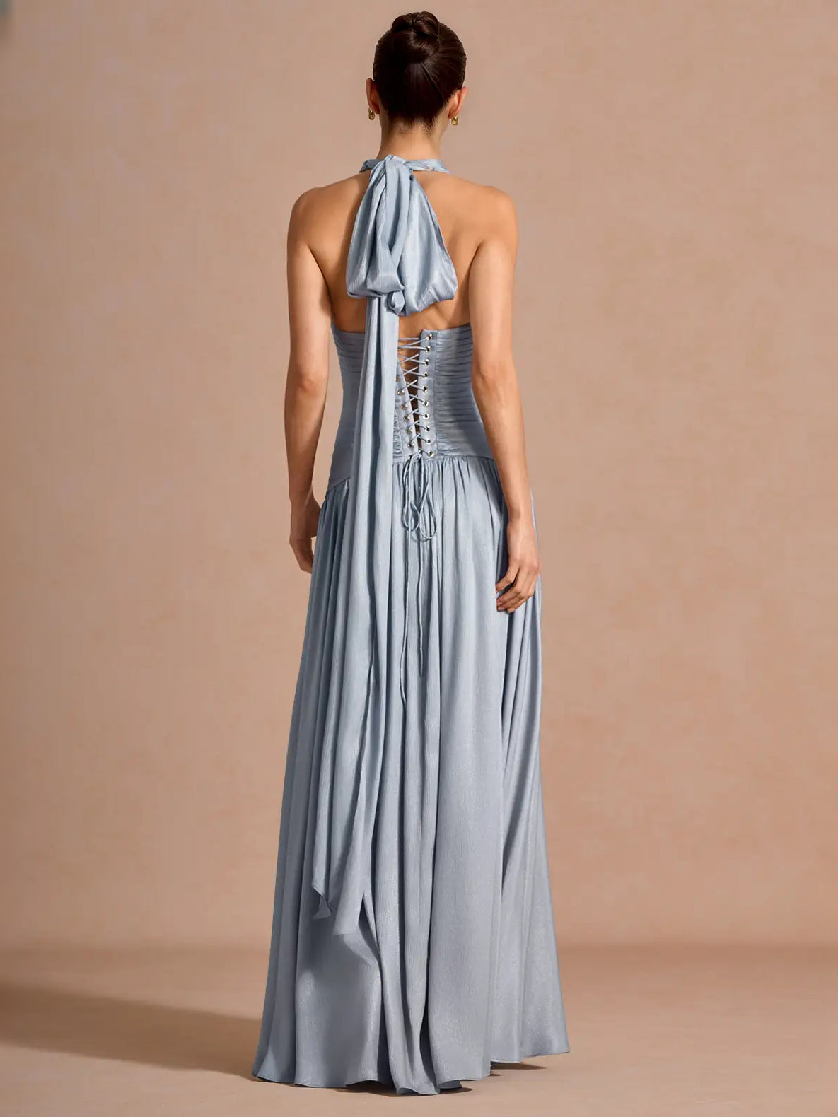 Pale Lemon maxi prom dress, alternate view showing the bodice and skirt from another angle