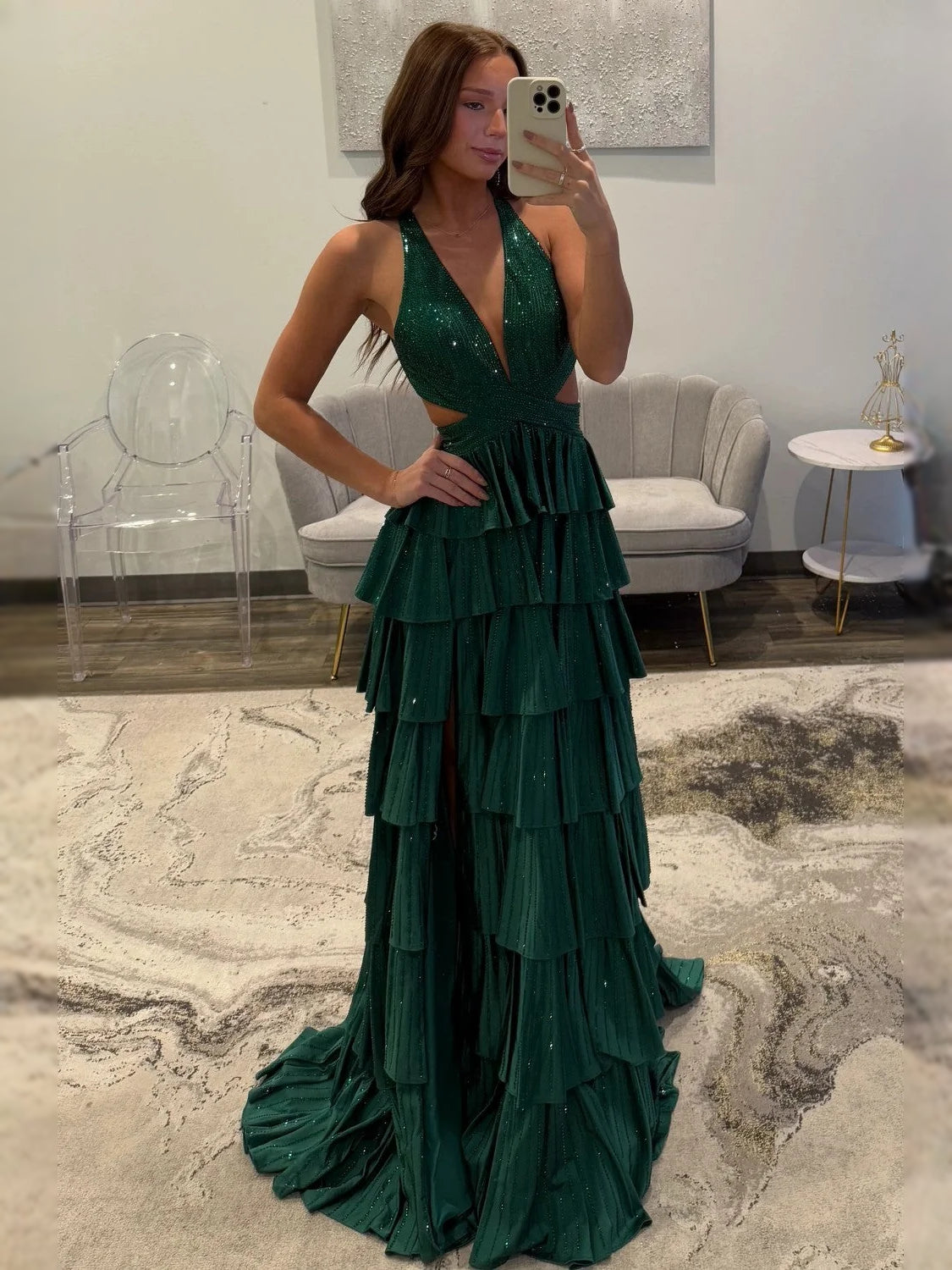 Emerald Green floor-length prom dress, alternate view showing the bodice and skirt