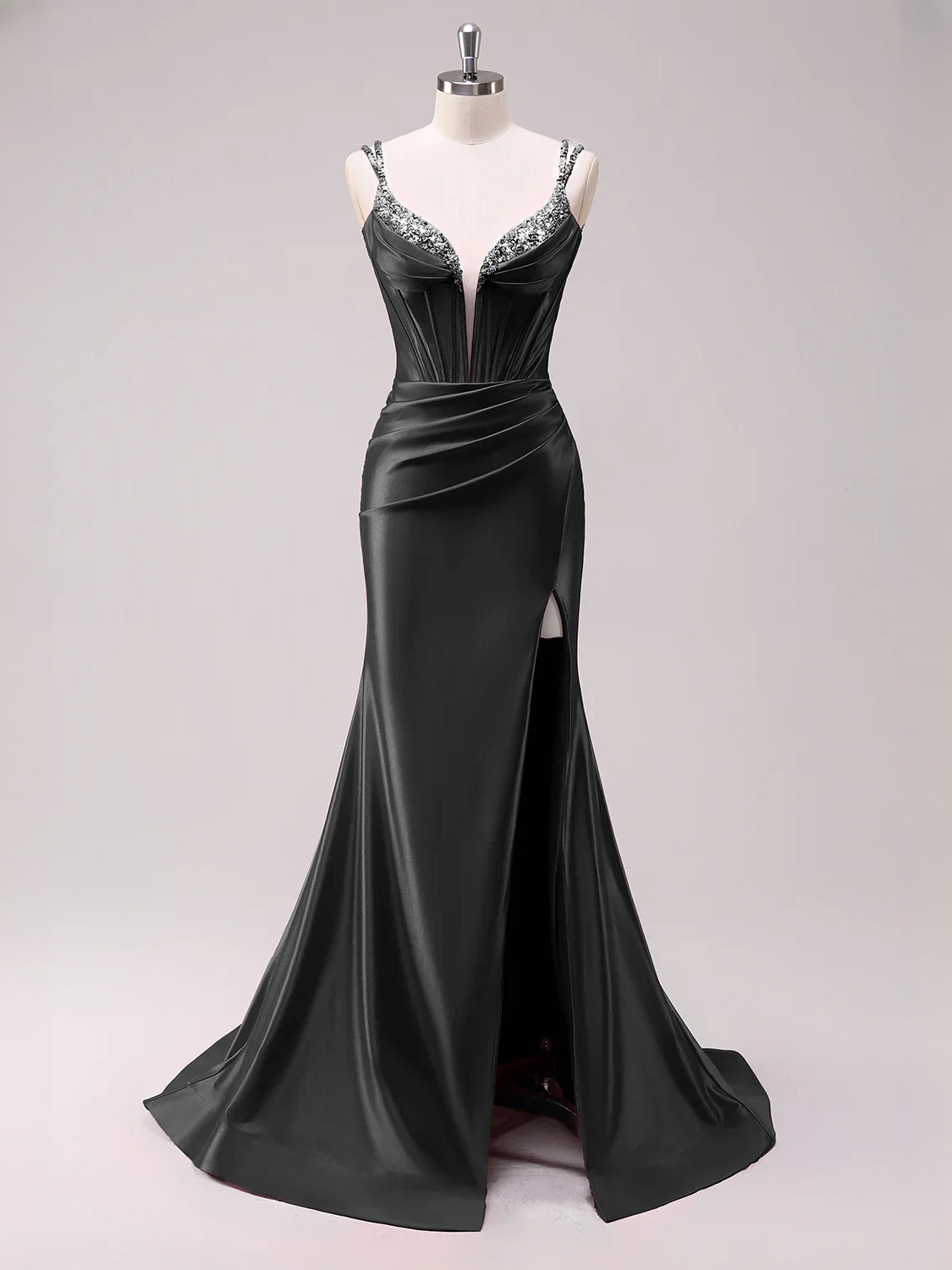 Black floor-length prom dress, back view showing the rear of the dress
