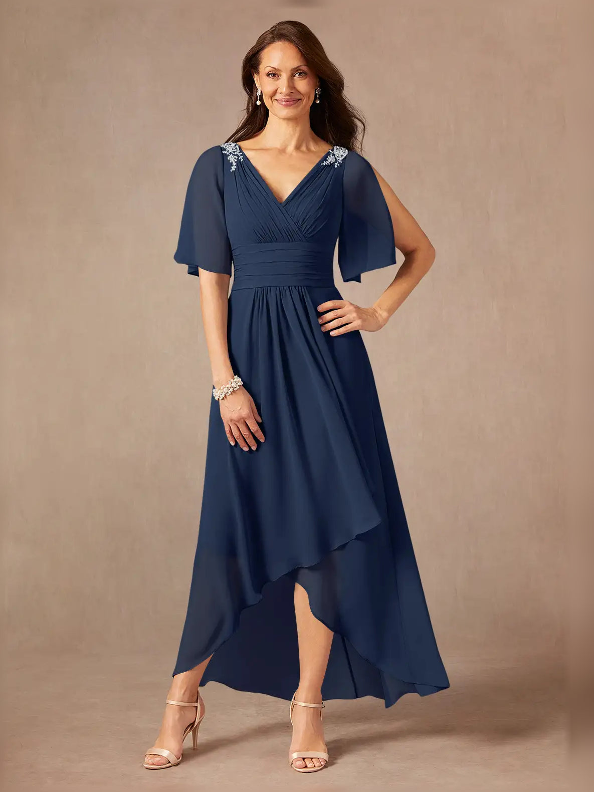 Dark Navy midi mother of the bride dress, alternate view showing the bodice and skirt
