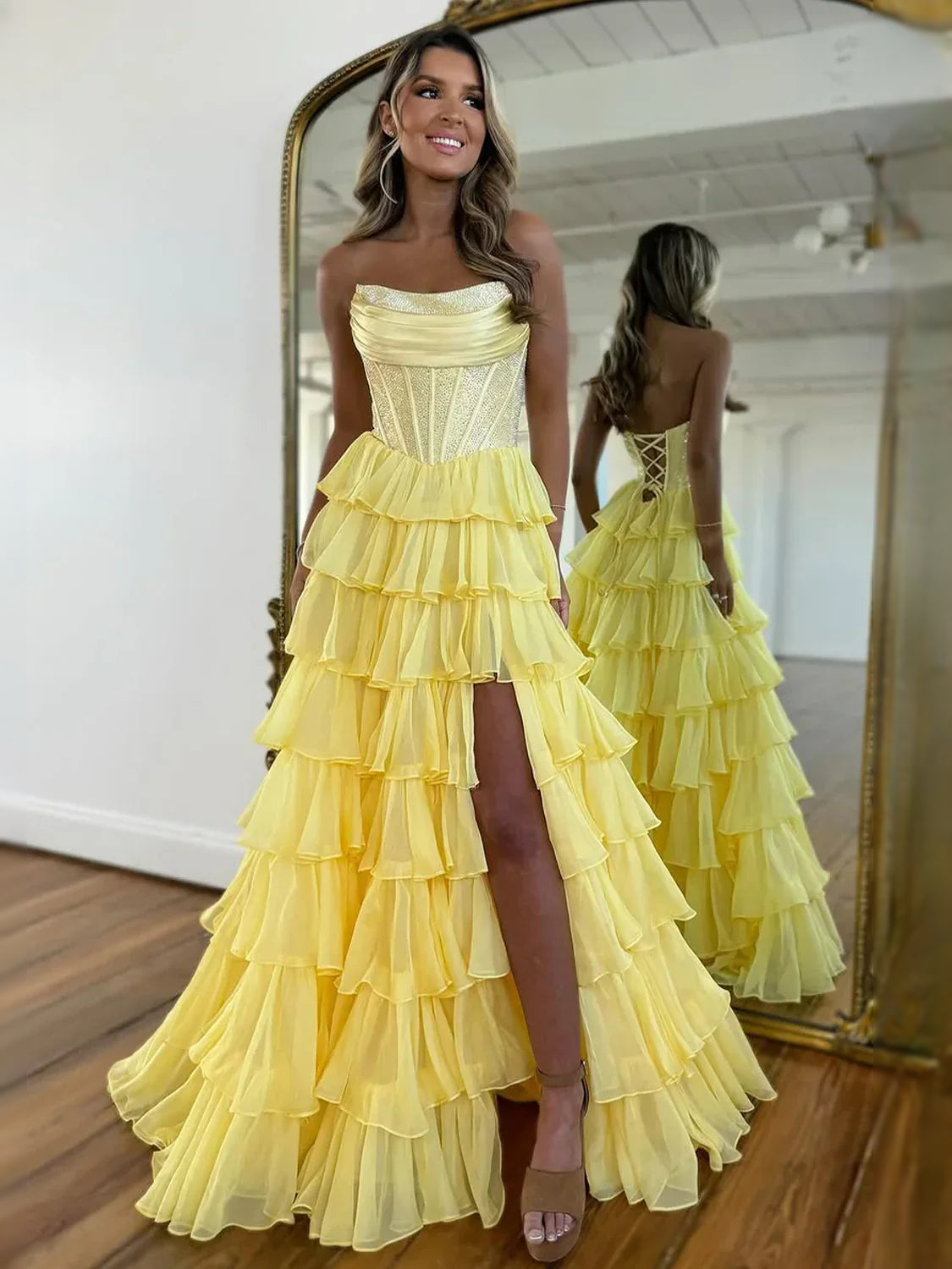 Daffodil maxi prom dress, alternate view showing the bodice and skirt