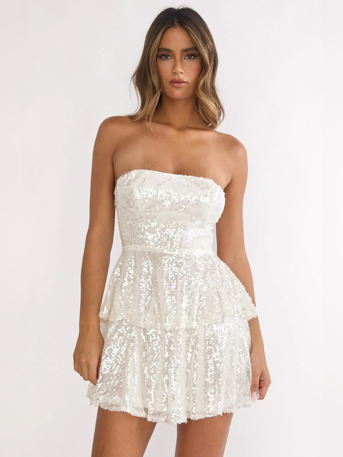 Ivory mini homecoming dress, alternate view showing the bodice and skirt