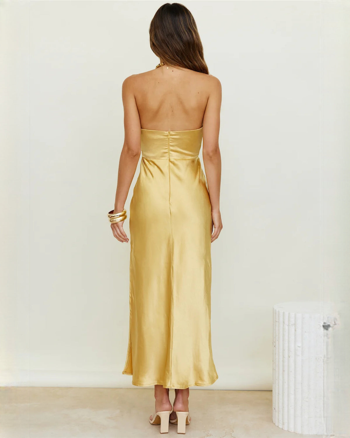 sleeveless satin a-line maxi bridesmaid dress - image 8