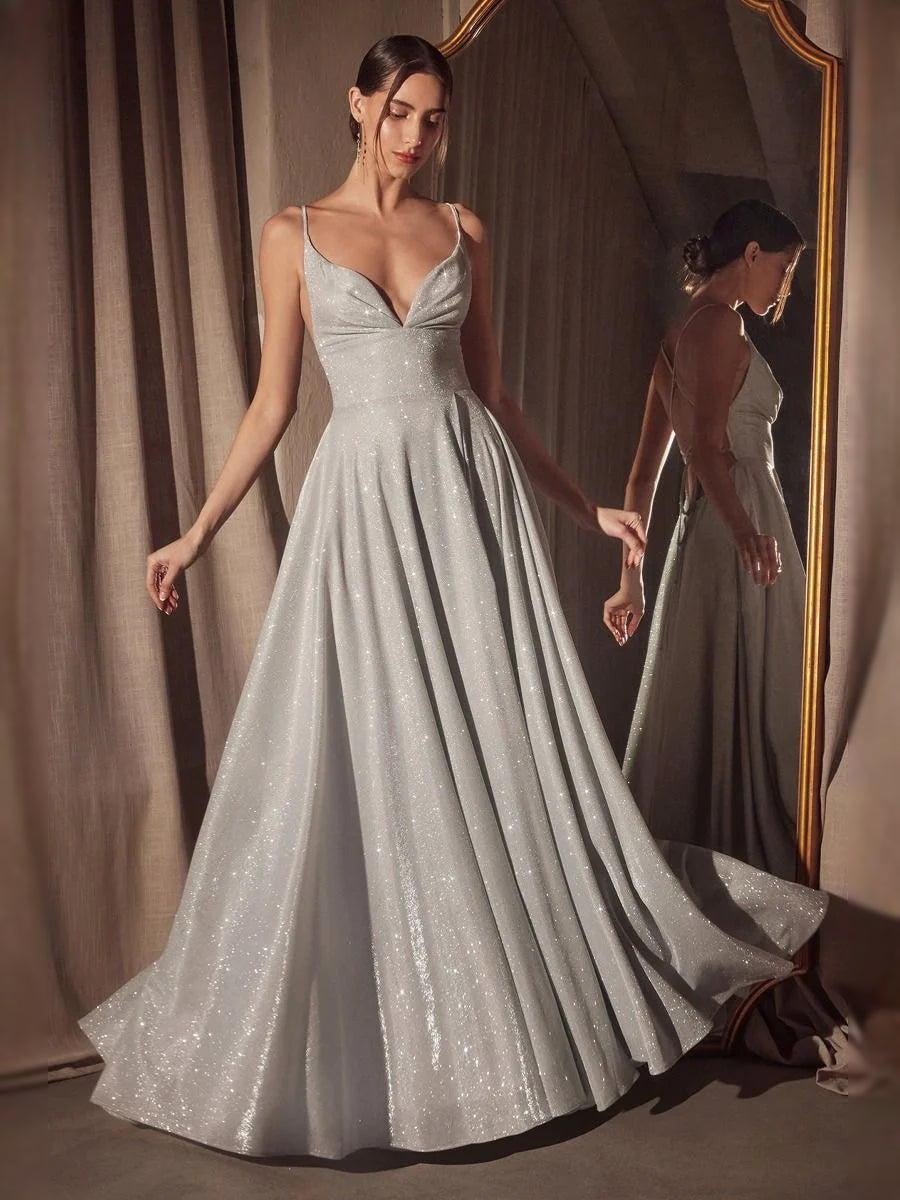 Silver floor-length prom dress, front view showing the a-line silhouette