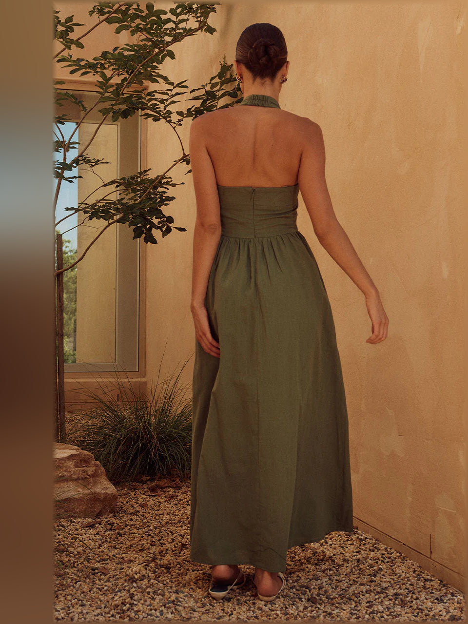 Khaki a-line midi formal dress with halter neckline, alternate view showing the overall silhouette