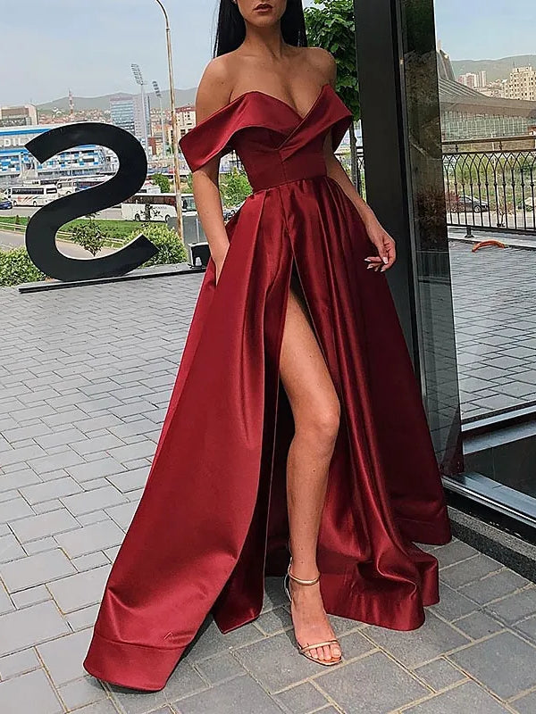 Rust a-line maxi formal dress with skirt slit, alternate view