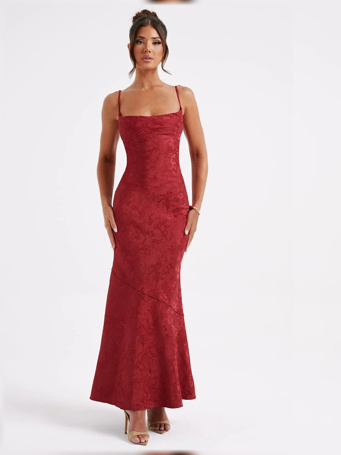 Deep Red mermaid floor-length formal dress with floral print, alternate view