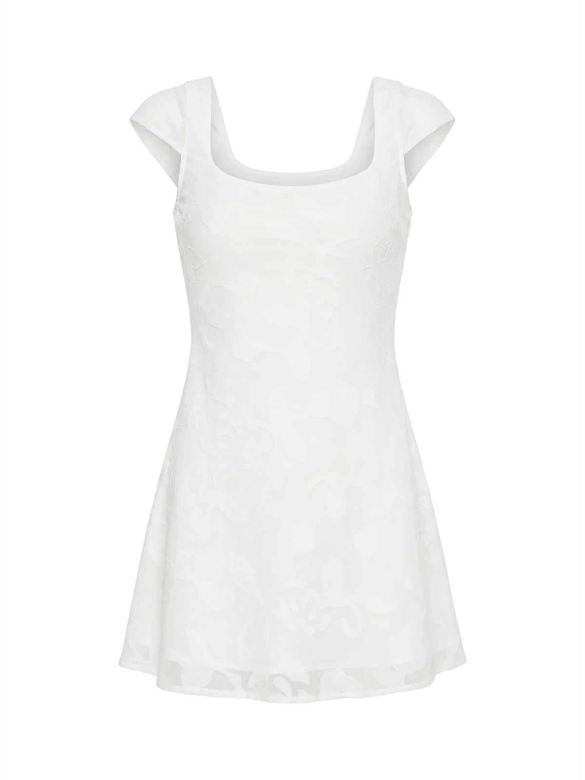 White Floral mini homecoming dress, alternate view showing the bodice and skirt from another angle