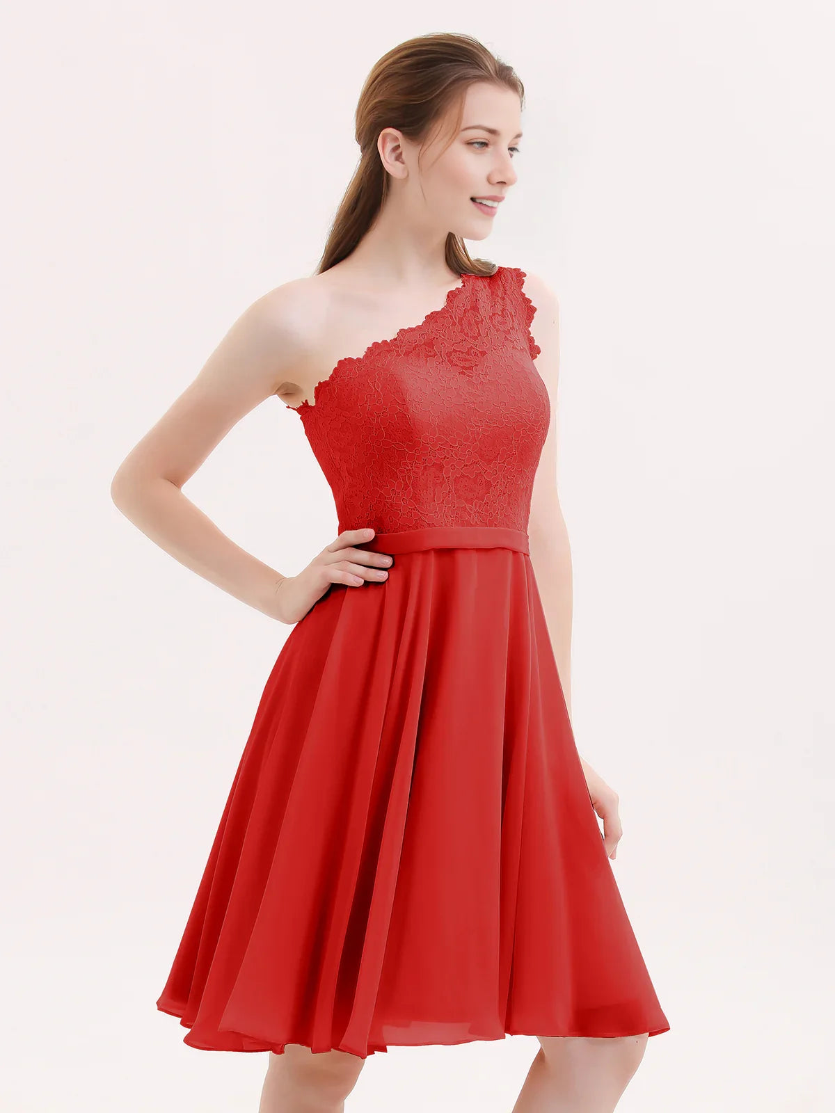 Red short homecoming dress, alternate view showing the bodice and skirt