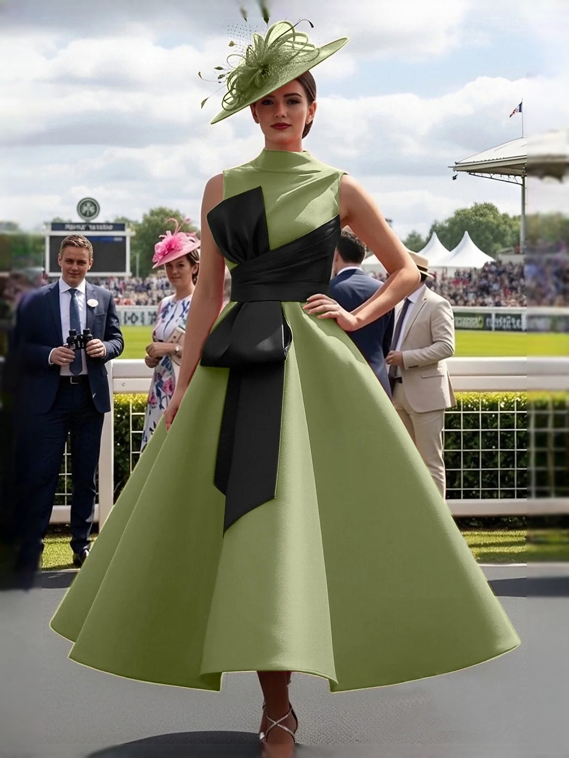 Olive Green midi prom dress, alternate view showing the bodice and skirt