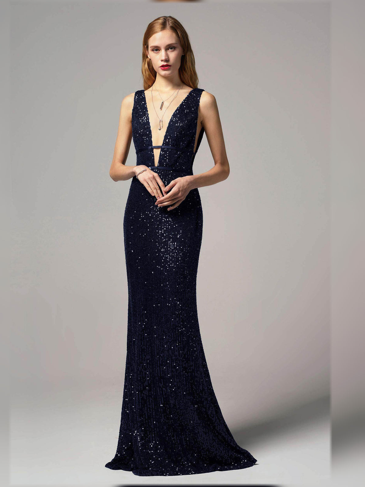 Navy Blue sheath floor-length formal dress with sequins, alternate view