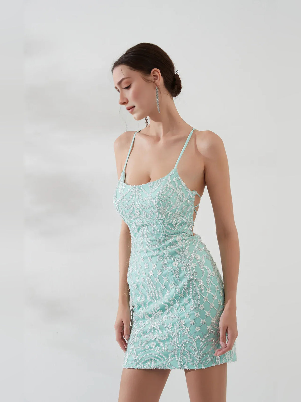 Mint Green mini homecoming dress, alternate view showing the bodice and skirt
