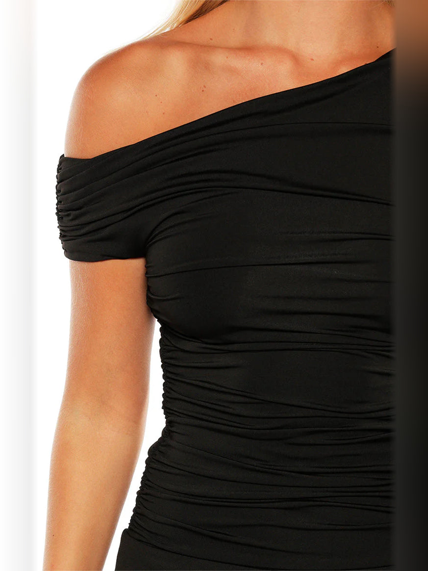 Black mini homecoming dress, alternate view showing the bodice and skirt from another angle