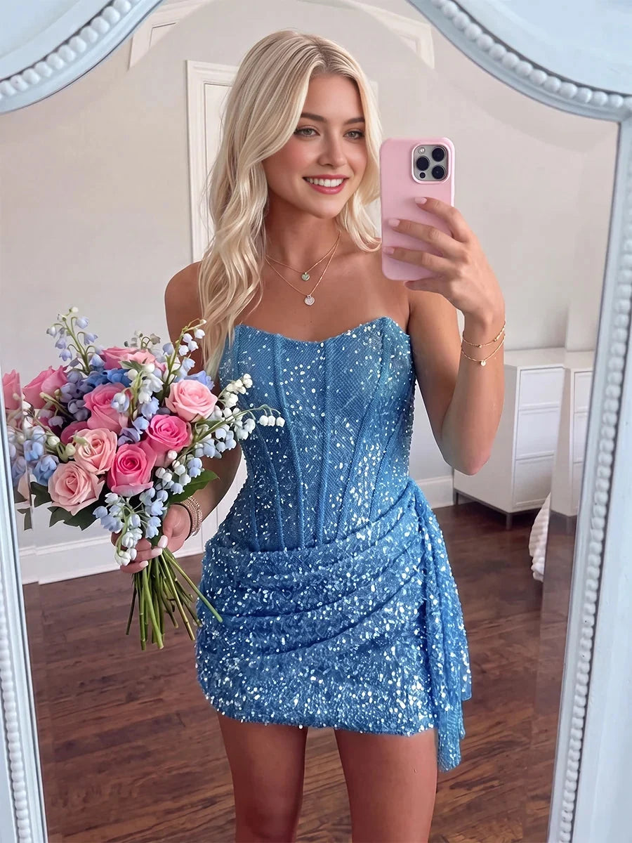Royal Blue mini homecoming dress, alternate view showing the bodice and skirt