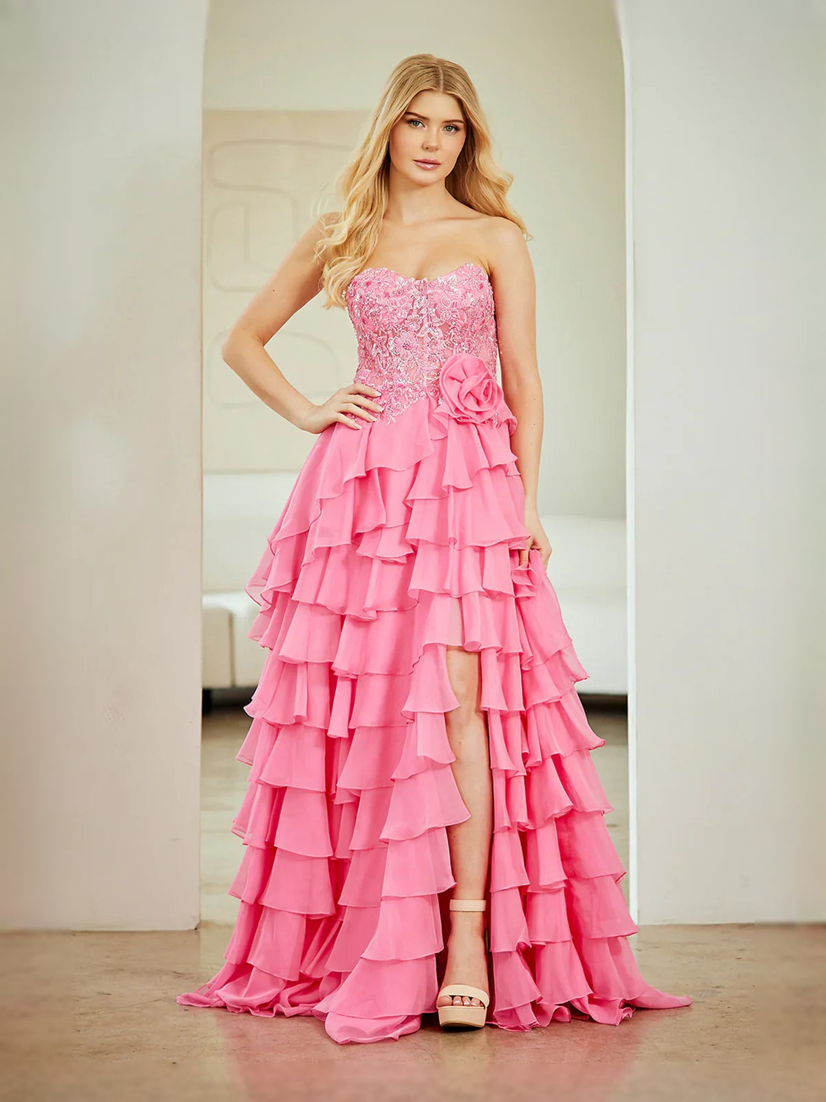 Pink floor-length prom dress, alternate view showing the bodice and skirt