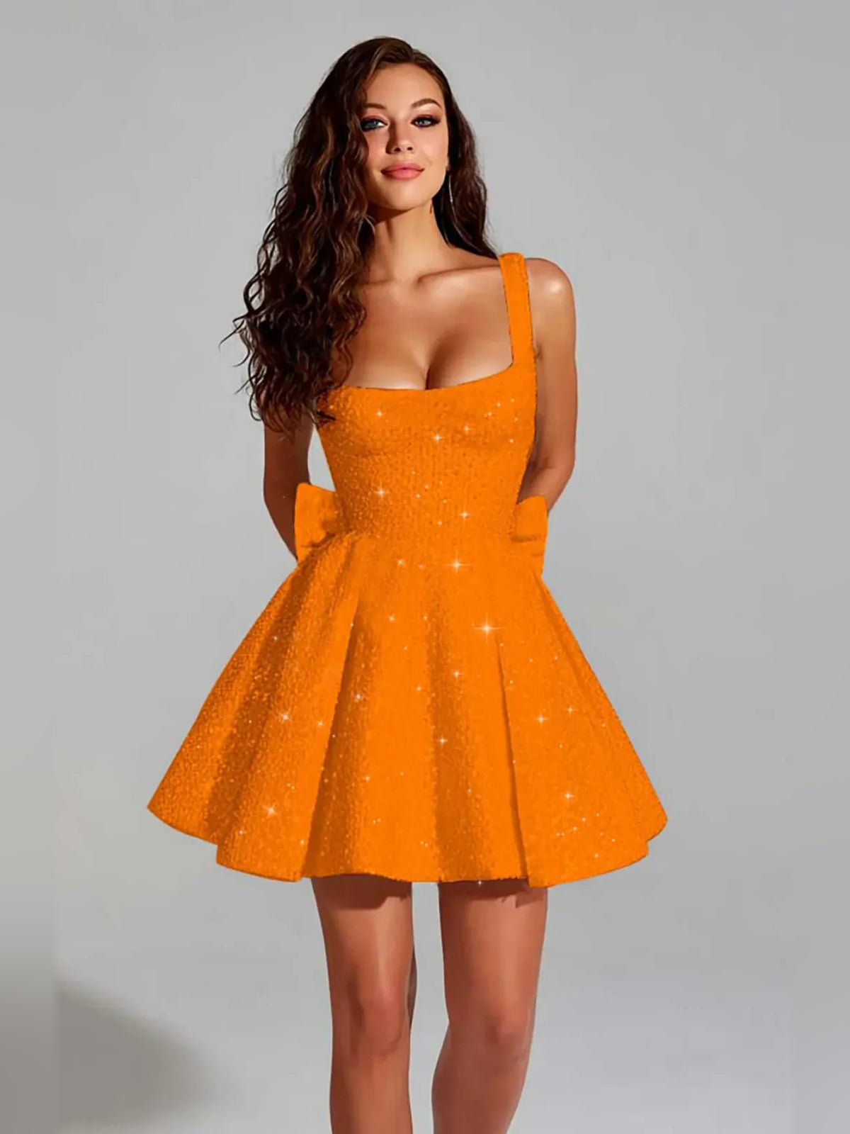 Orange mini homecoming dress, alternate view showing the bodice and skirt