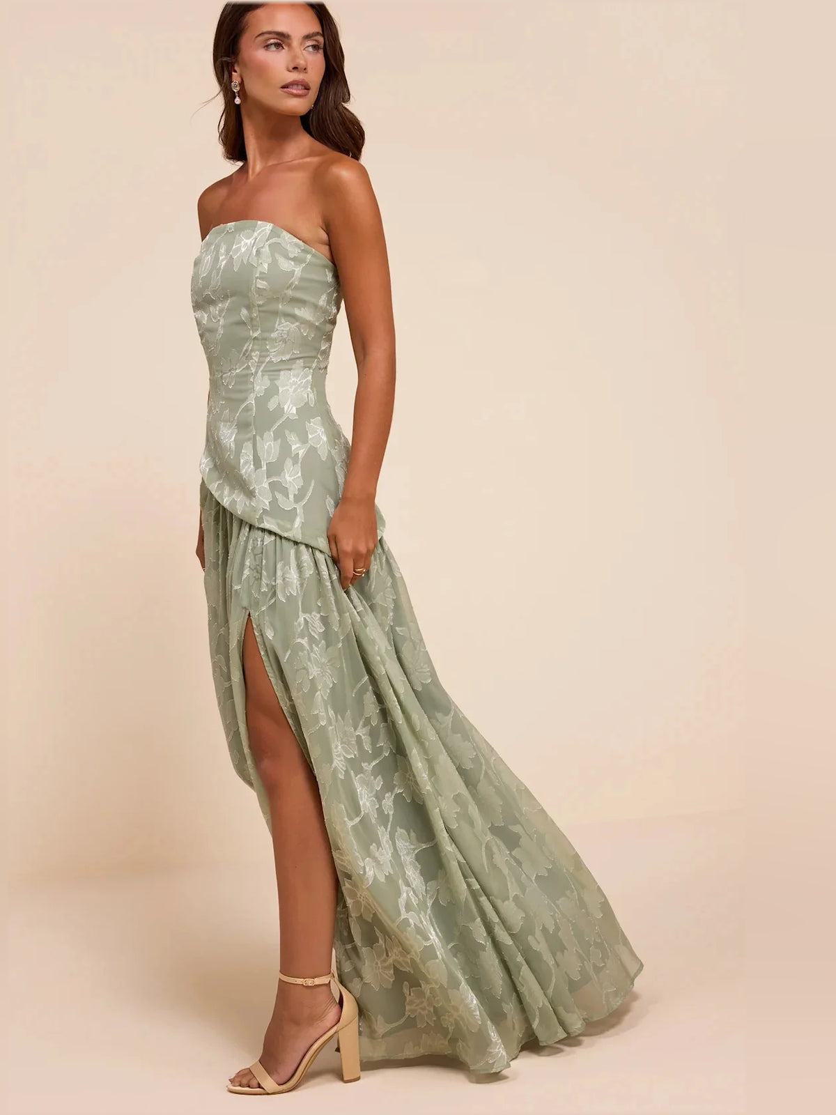 Dusty Sage maxi bridesmaid dress, alternate view showing the bodice and skirt