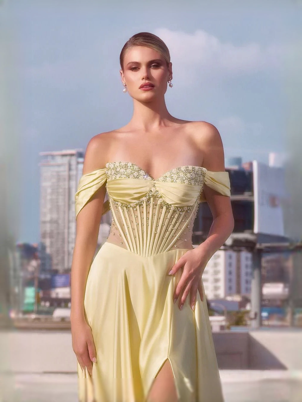 Burgundy floor-length prom dress, alternate view showing the bodice and skirt from another angle