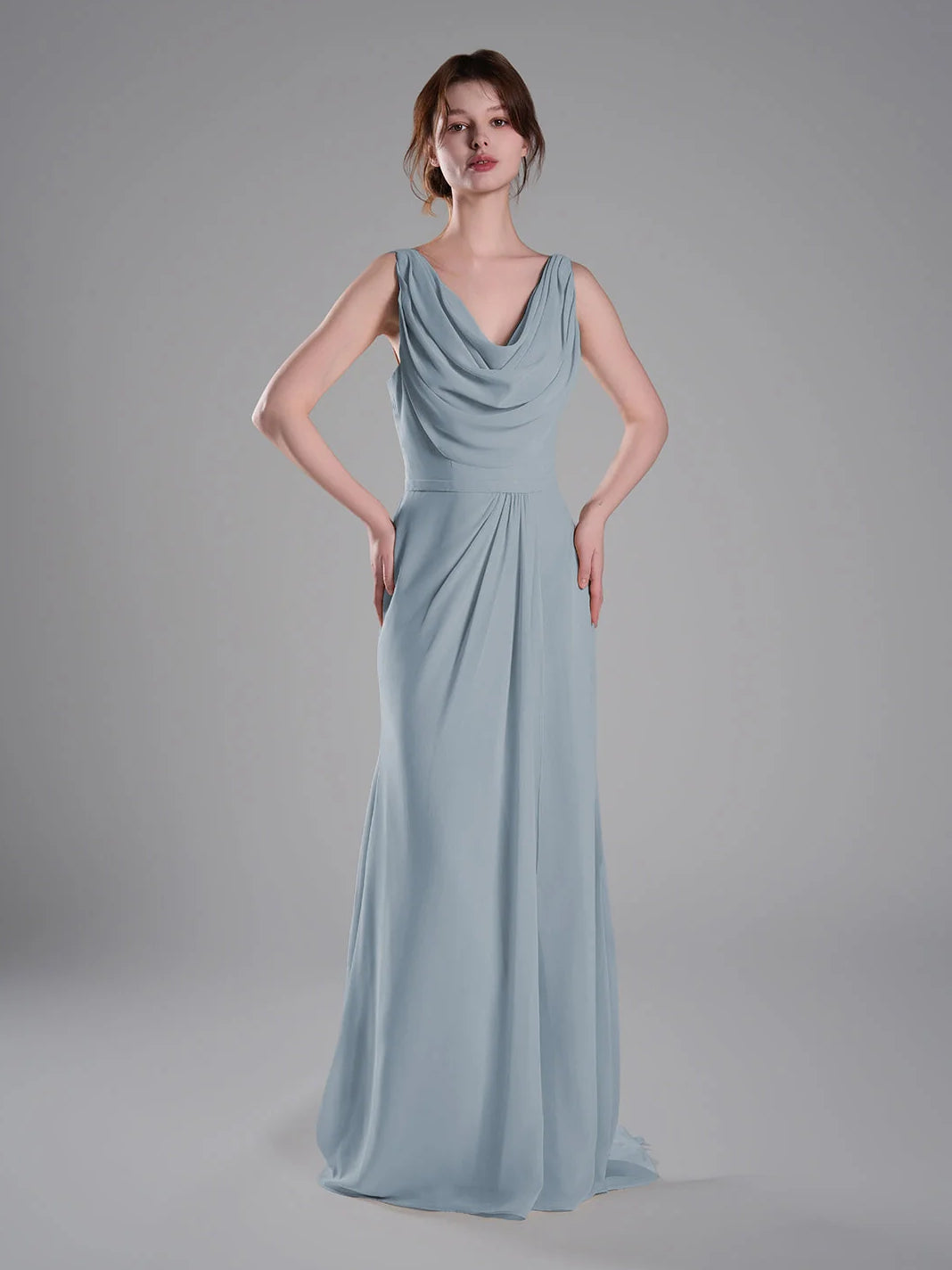 Light Gray maxi bridesmaid dress, alternate view showing the bodice and skirt