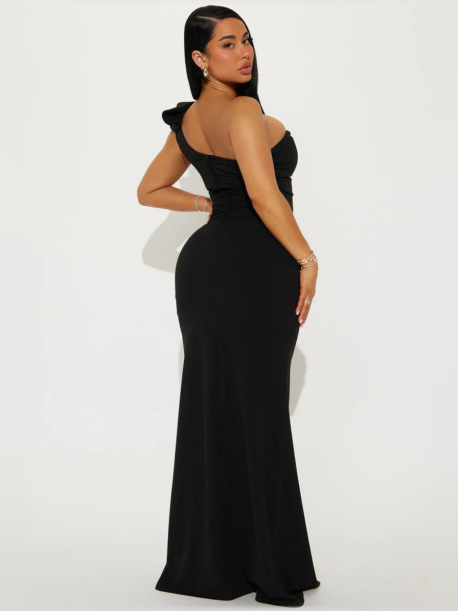 Magenta mermaid floor-length formal dress with skirt slit, alternate view showing the overall silhouette