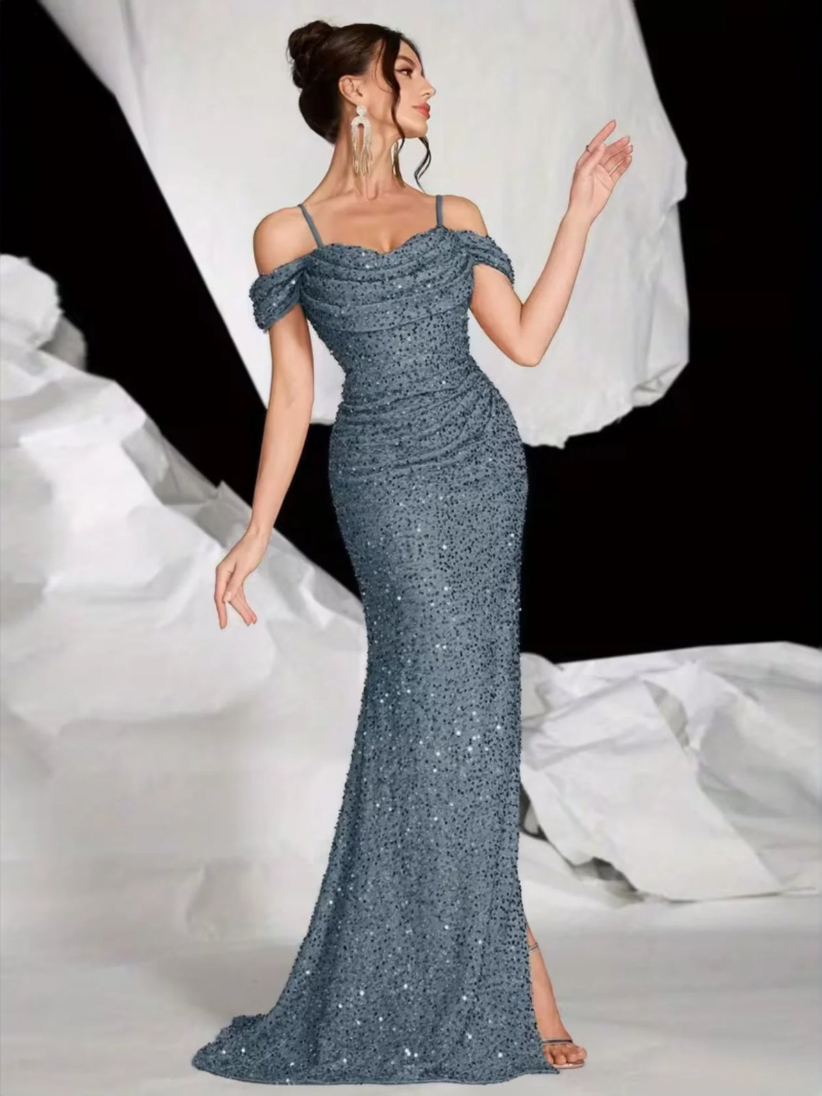 Burgundy floor-length prom dress, alternate view showing the bodice and skirt from another angle
