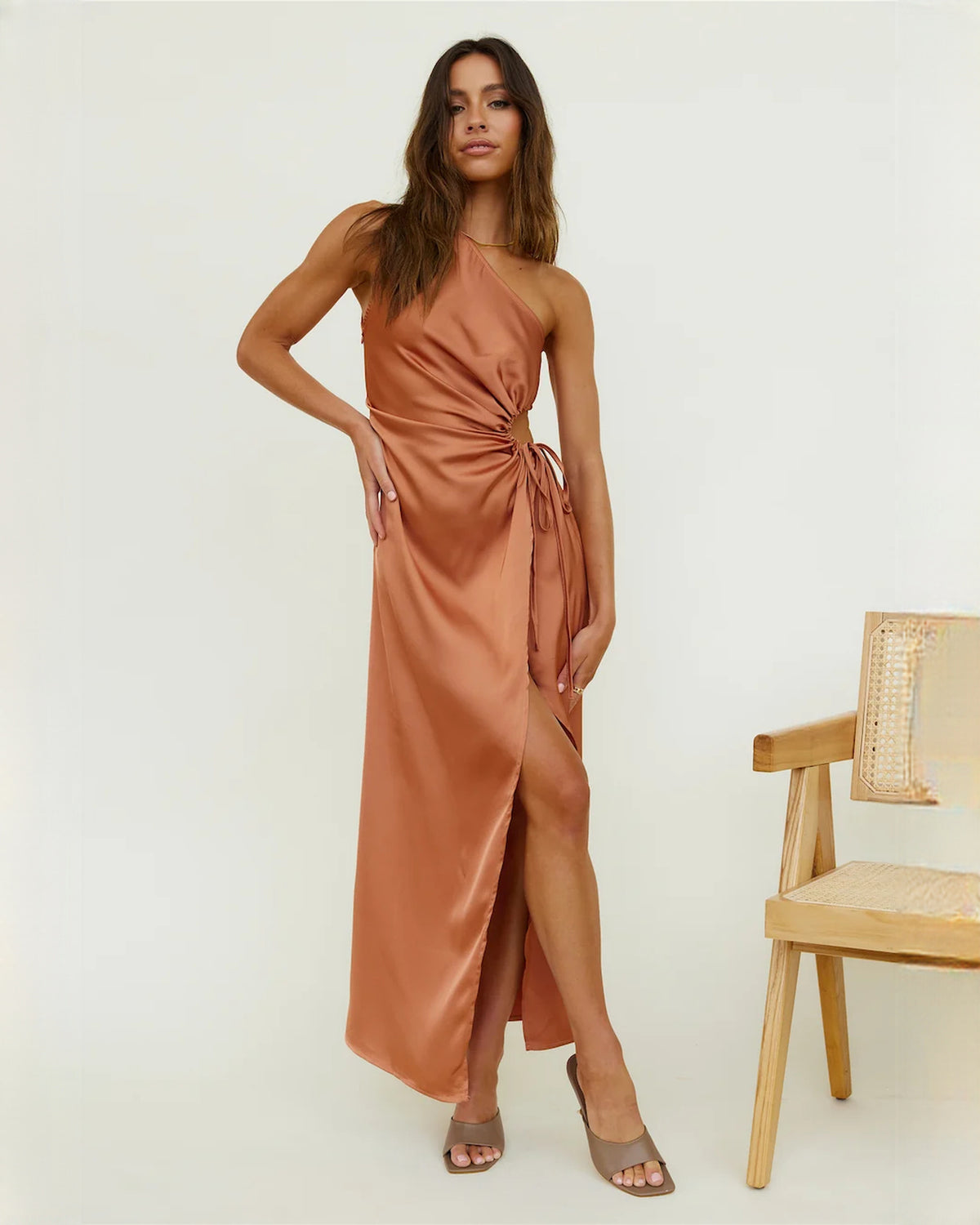 sleeveless satin a-line maxi bridesmaid dress - image 8