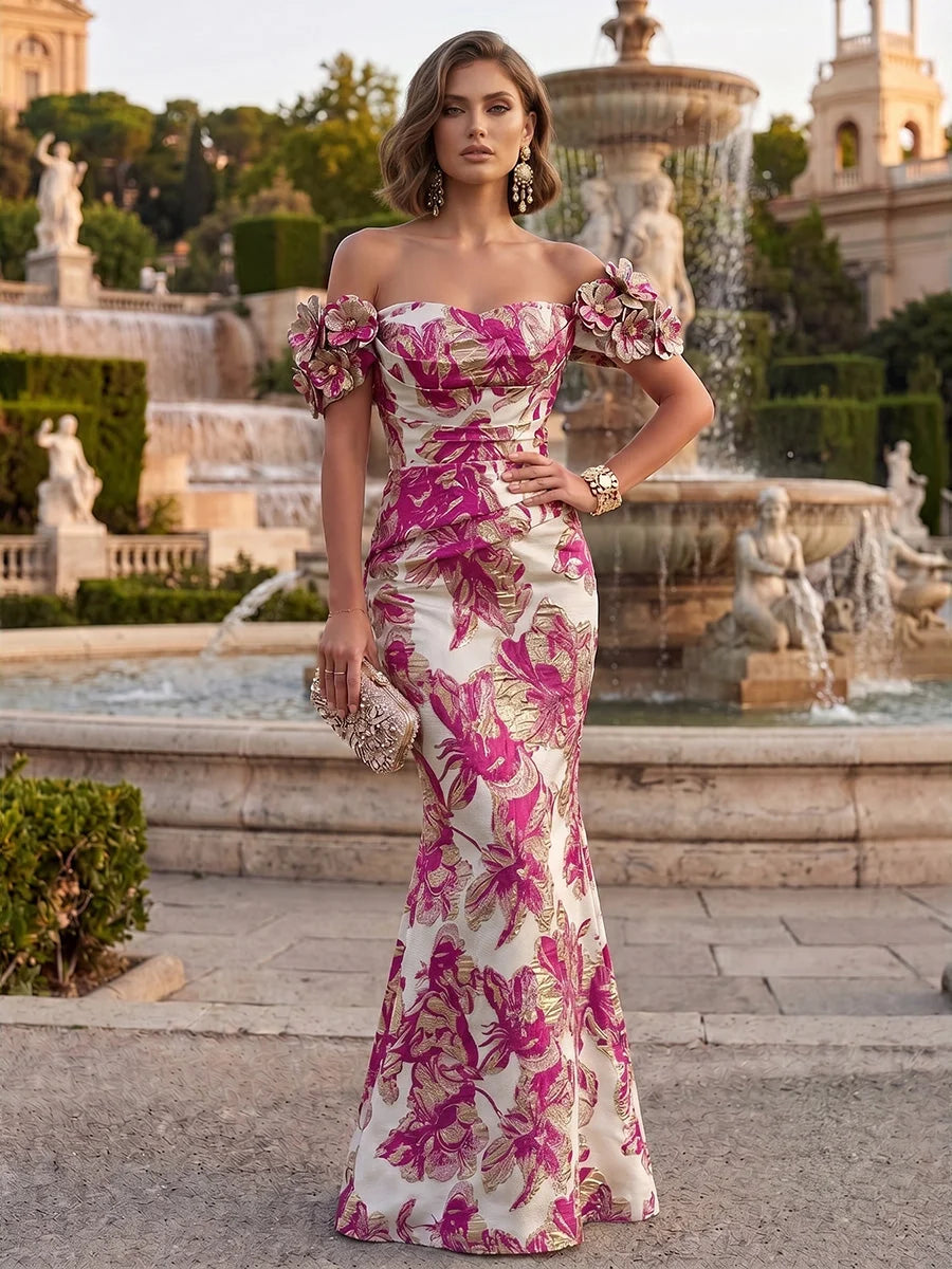 Fuchsia floor-length mother of the bride dress, alternate view showing the bodice and skirt