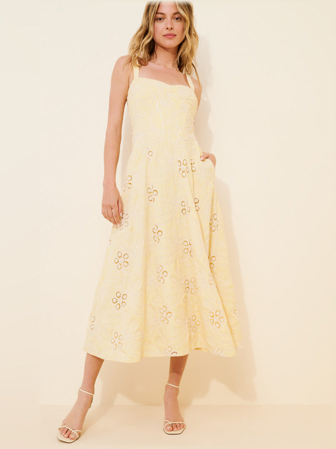 Orange midi formal dress with corset-style bodice, alternate view showing the overall silhouette