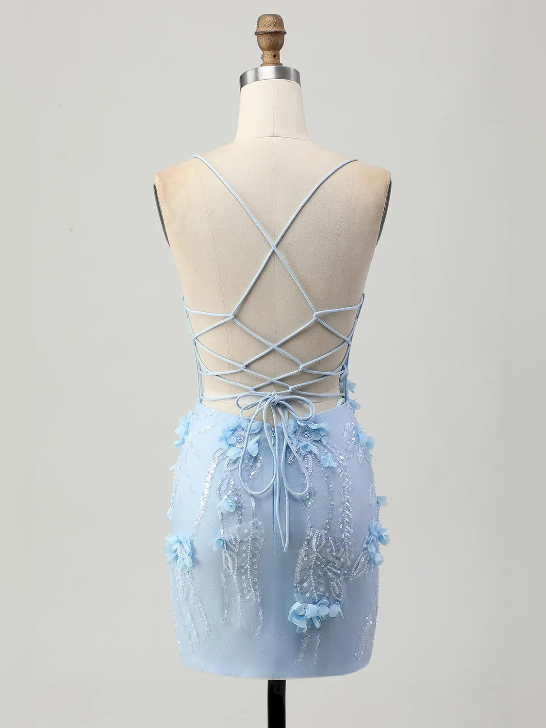 Sky Blue mini homecoming dress, alternate view showing the bodice and skirt