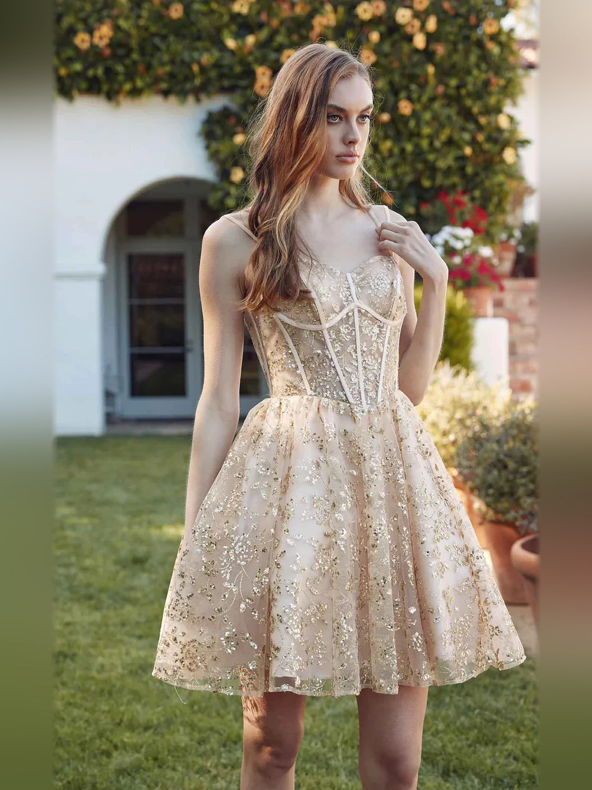 Champagne mini homecoming dress, alternate view showing the bodice and skirt