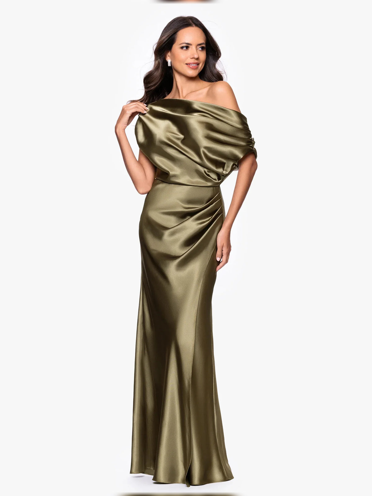 Olive Green floor-length mother of the bride dress, alternate view showing the bodice and skirt