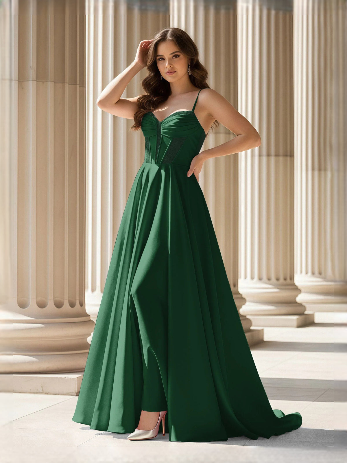 Dark Green maxi prom dress, alternate view showing the bodice and skirt