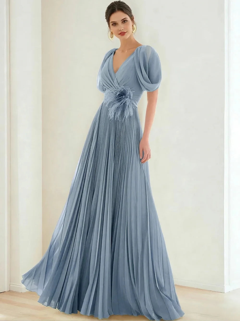 Dusty Blue a-line floor-length formal dress with bow detail, alternate view