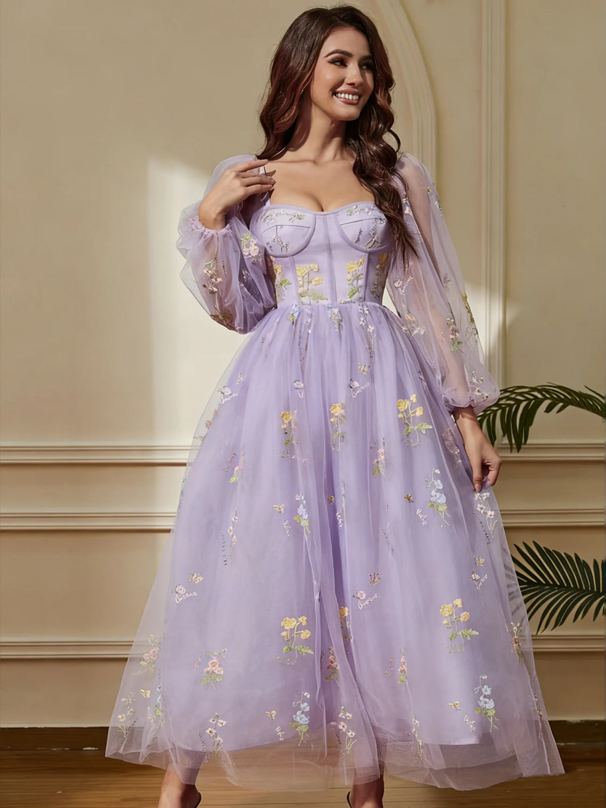 Lavender midi prom dress, alternate view showing the bodice and skirt
