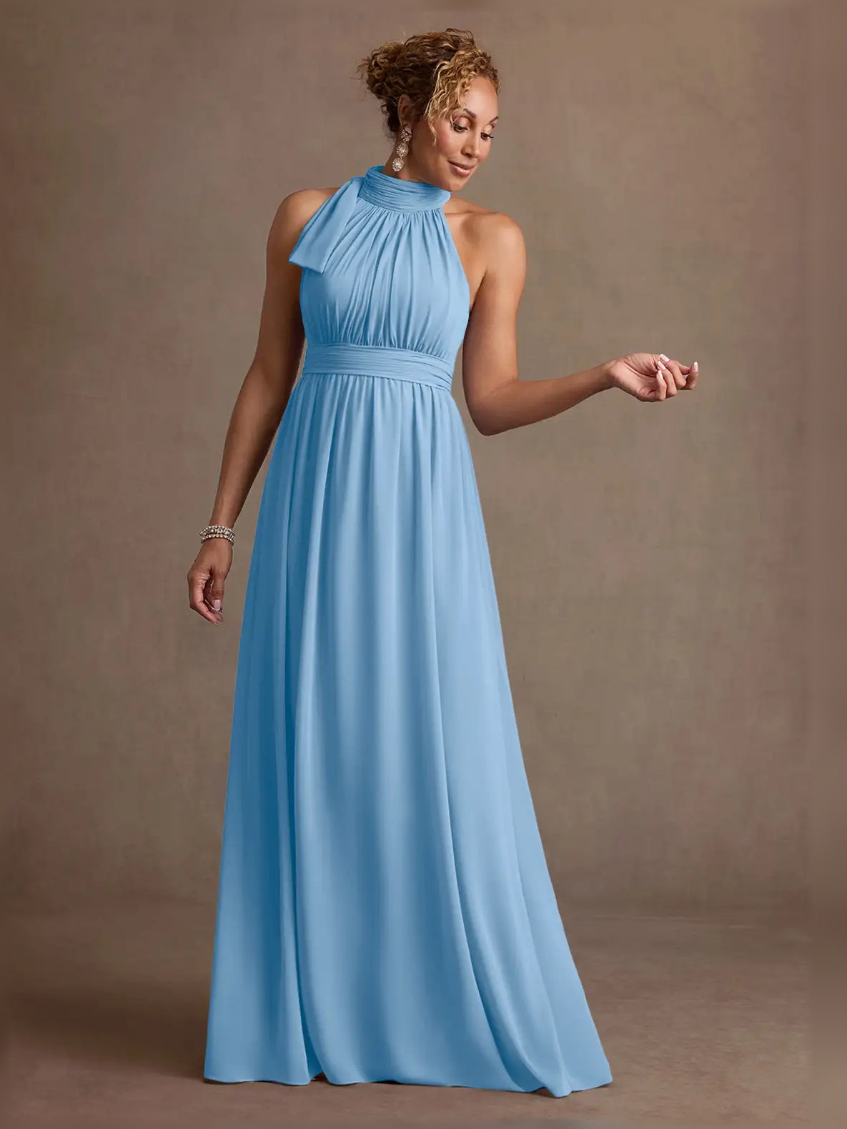Blue a-line floor-length formal dress with bow detail, alternate view